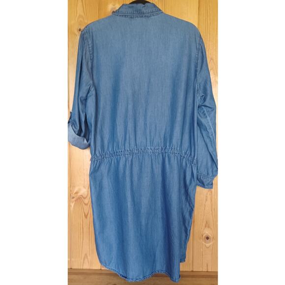 Vintage Chambray Midi Dress Women's Large Roll Tab Sleeves Drawstring Drop Waist - Picture 5 of 8